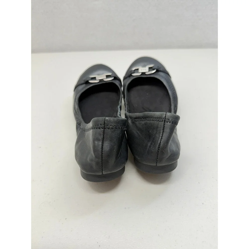 Ralph Lauren Jayna Black Leather Ballet Flats Silver Logo Buckle 7.5 B